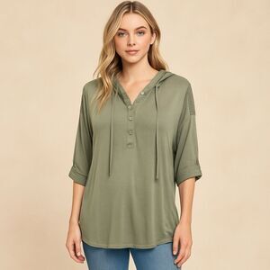 NEW POL Small Green Henley Style Hooded Top Crochet Trim Drop Shoulder Lace Trim